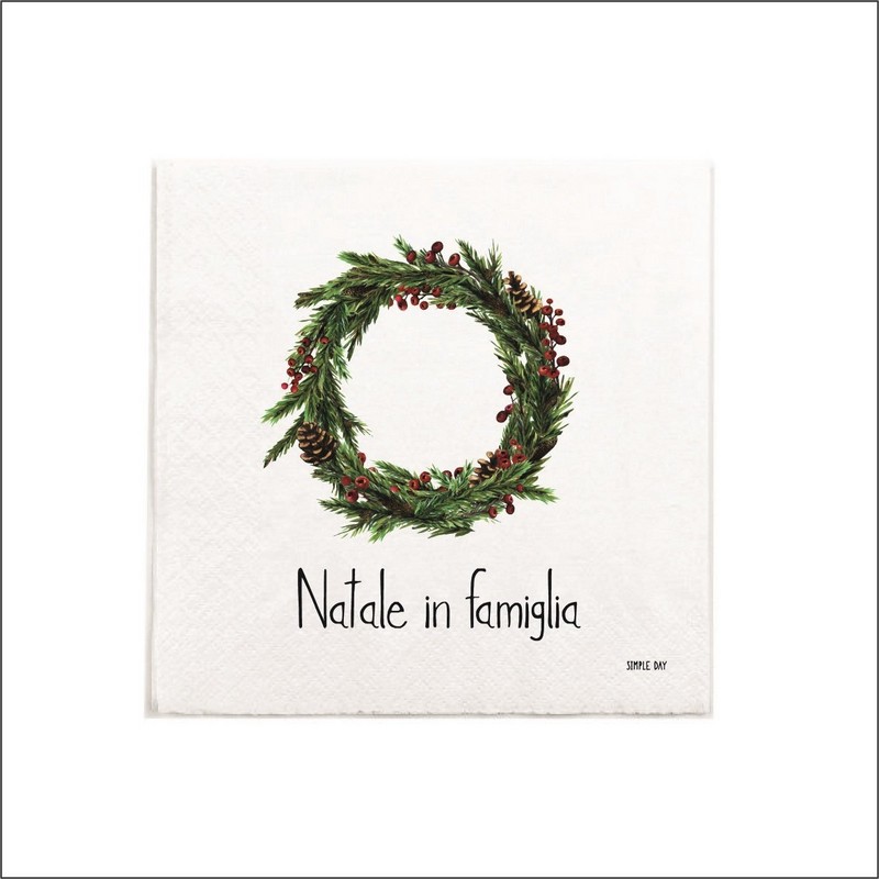 Set 20 tovaglioli di carta natalizi decorati con ghirlanda e scritta “Natale in famiglia”